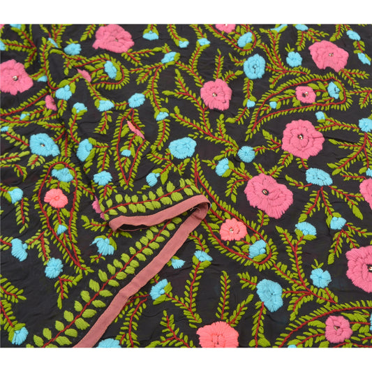 Sanskriti Vintage Heavy Dupatta Georgette Black Hand Embroidered Phulkari OOAK Stole