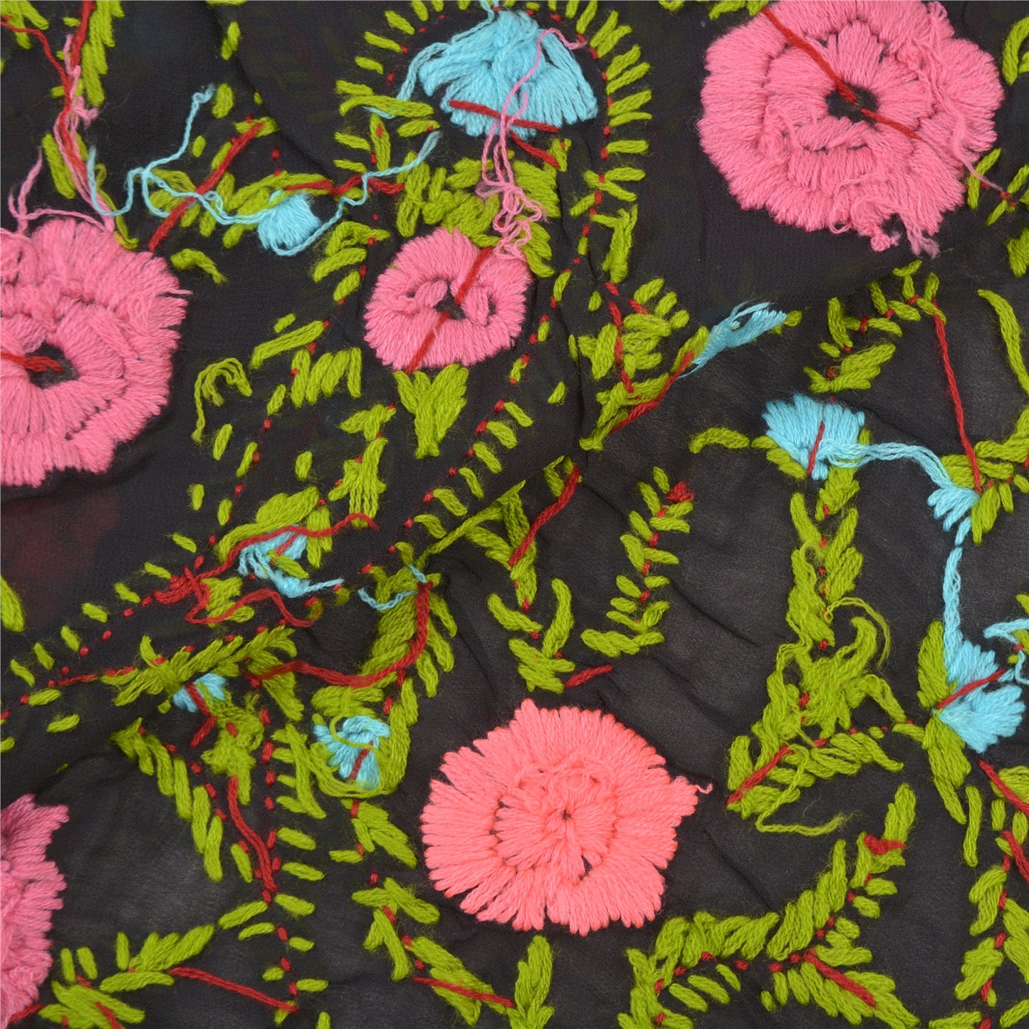 Sanskriti Vintage Heavy Dupatta Georgette Black Hand Embroidered Phulkari OOAK Stole