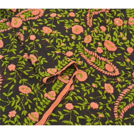 Sanskriti Vintage Heavy Dupatta Georgette Hand Embroidered Black Phulkari OOAK Stole