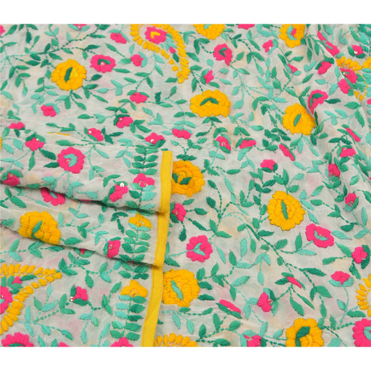 Sanskriti Vintage Heavy Dupatta Georgette White Hand Embroidered Phulkari OOAK Stole