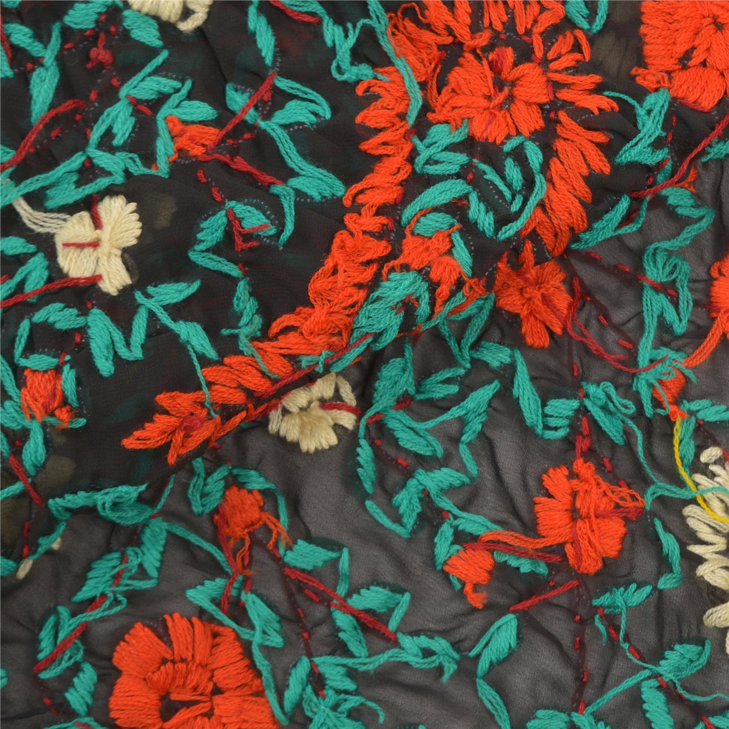 Sanskriti Vintage Heavy Dupatta Georgette Black Hand Embroidered Phulkari OOAK Stole