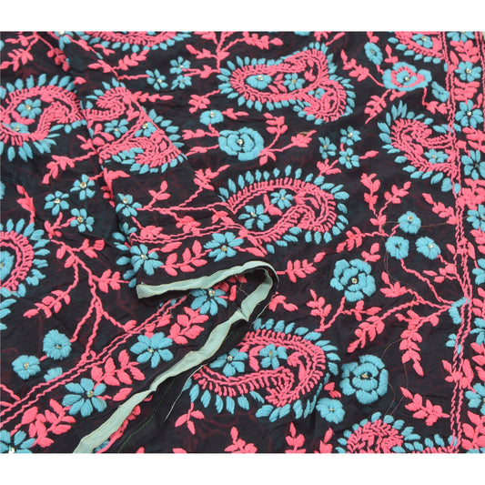 Sanskriti Vintage Heavy Dupatta Georgette Black Hand Embroidered Phulkari OOAK Stole