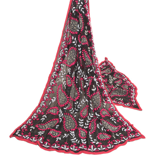 Sanskriti Vintage Heavy Dupatta Georgette Black Hand Embroidered Phulkari OOAK Stole