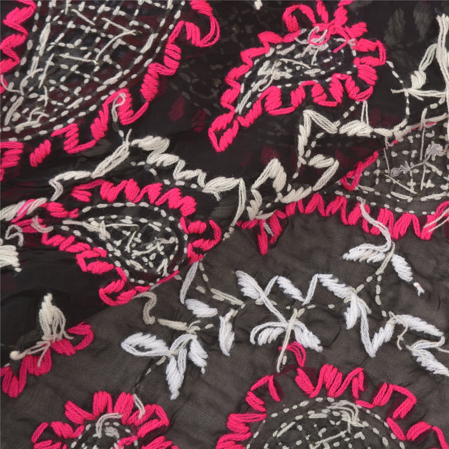 Sanskriti Vintage Heavy Dupatta Georgette Black Hand Embroidered Phulkari OOAK Stole