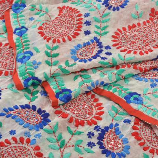 Sanskriti Vintage Heavy Dupatta Georgette White Hand Embroidered Phulkari OOAK Stole