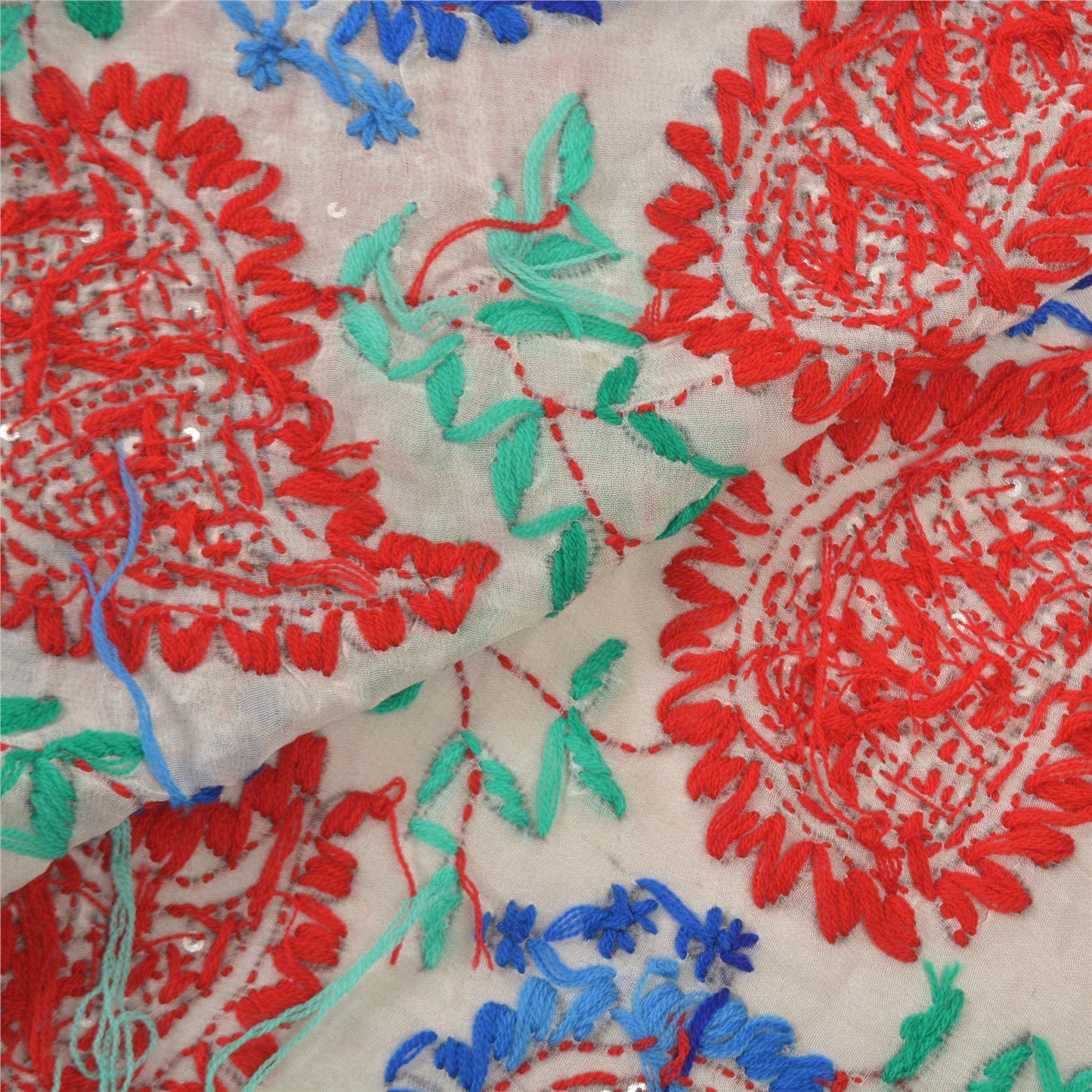 Sanskriti Vintage Heavy Dupatta Georgette White Hand Embroidered Phulkari OOAK Stole