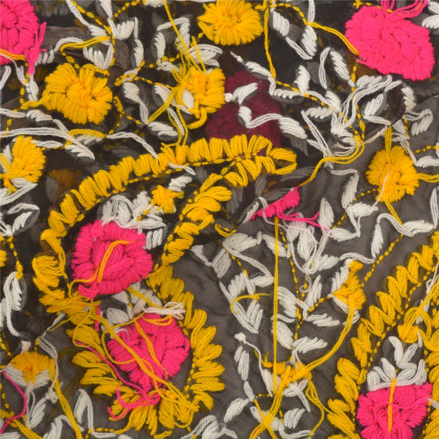 Sanskriti Vintage Heavy Dupatta Georgette Black Hand Embroidered Phulkari OOAK Stole