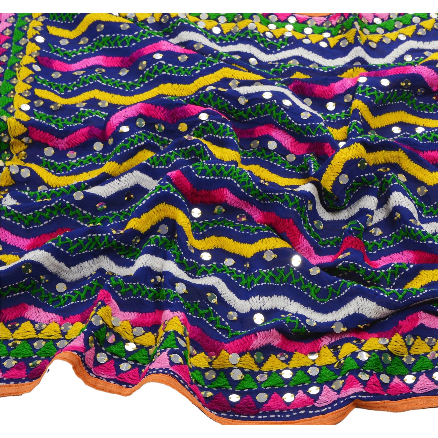 Sanskriti Vintage New Blue Heavy Dupatta Georgette OOAK Hand Embroidered Phulkari Stole