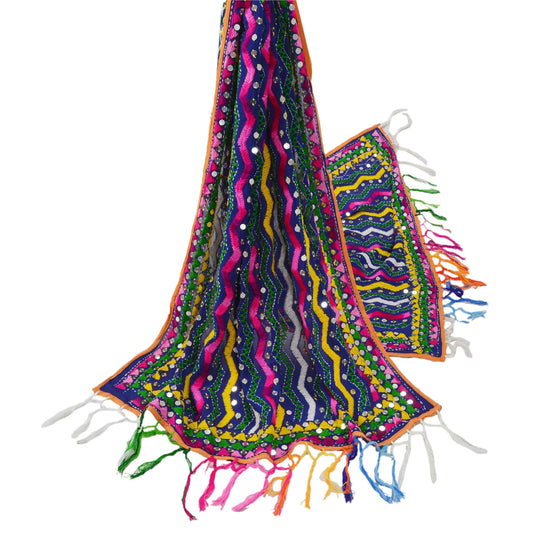 Sanskriti Vintage New Blue Heavy Dupatta Georgette OOAK Hand Embroidered Phulkari Stole