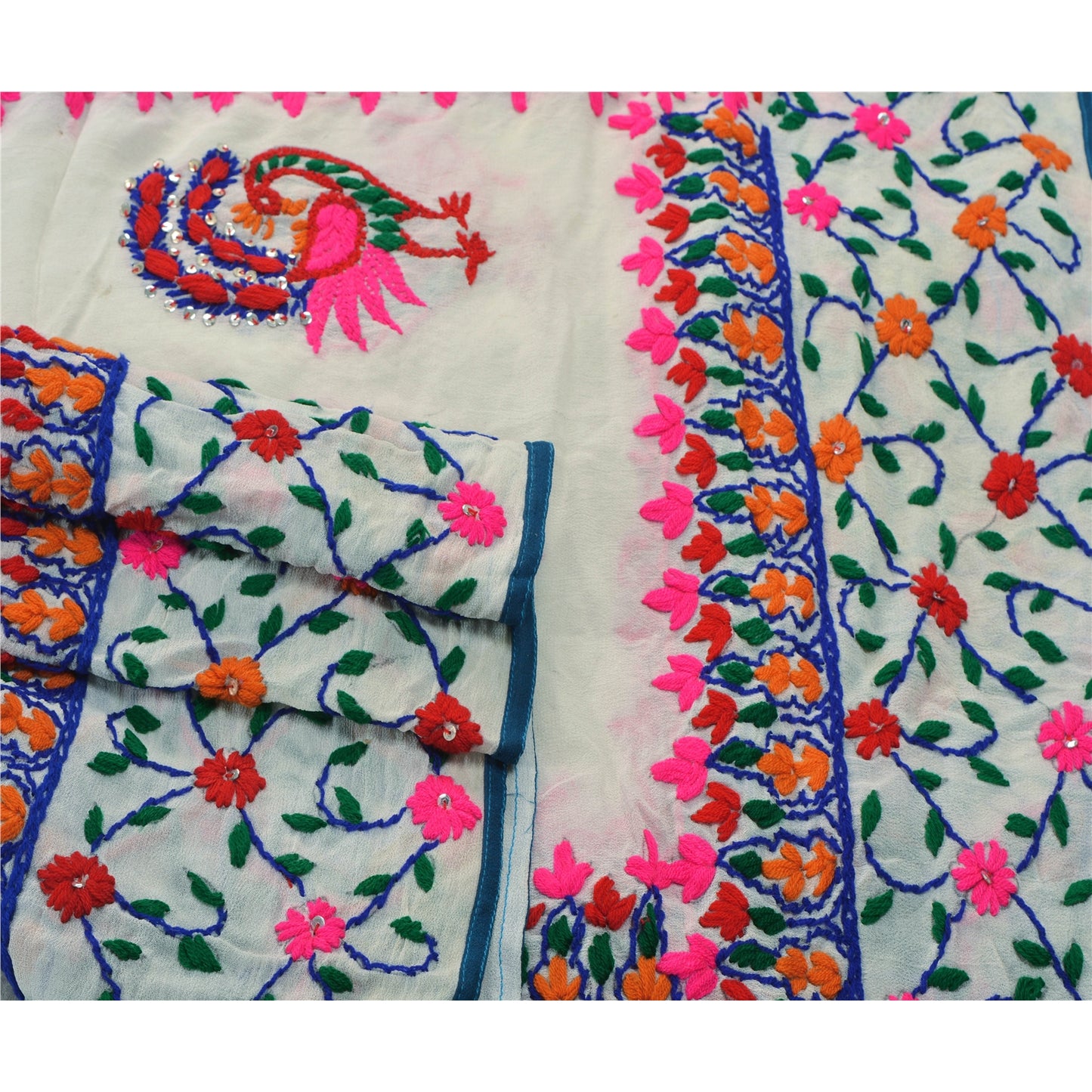 Sanskriti Vintage New White Heavy Dupatta OOAK Georgette Hand Embroidered Phulkari Stole