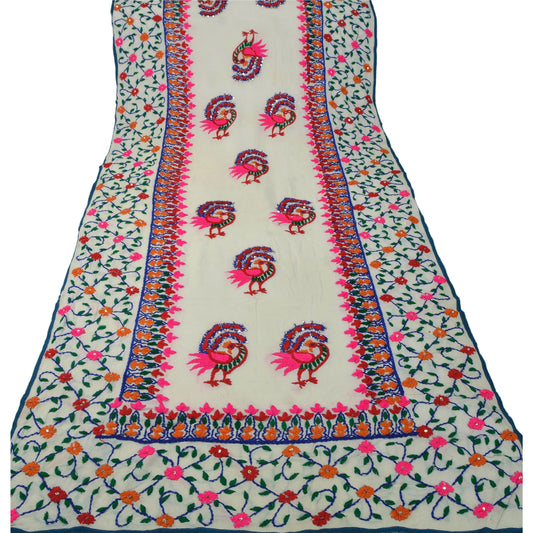 Sanskriti Vintage New White Heavy Dupatta OOAK Georgette Hand Embroidered Phulkari Stole