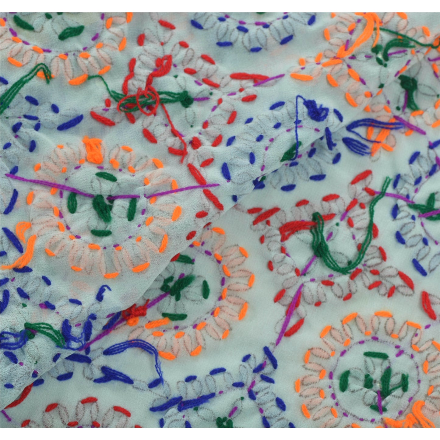 Sanskriti Vintage New White Heavy Dupatta Georgette Hand Beaded OOAK Phulkari Stole