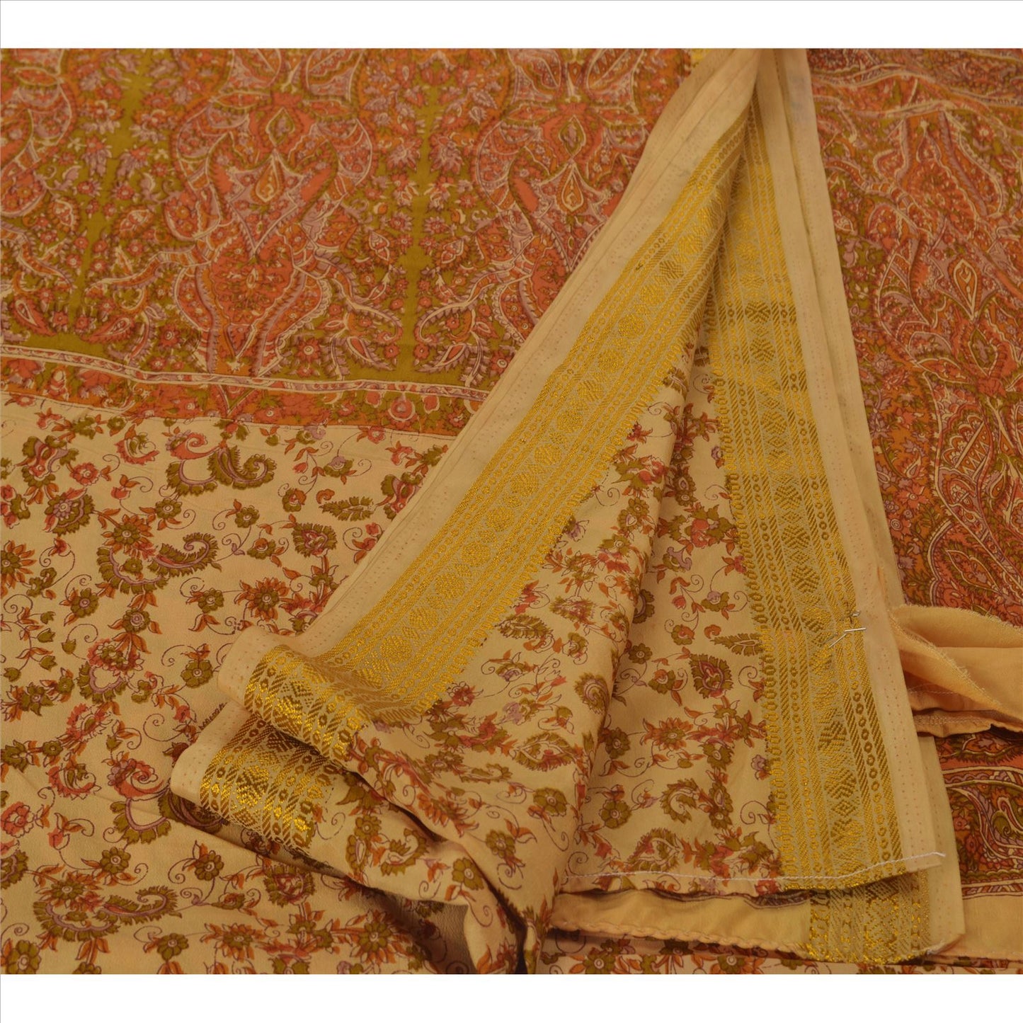 Sanskriti Vintage Indian Art Silk Saree Cream Printed Sari Craft Zari Border 5 Yard Sustainable Fabric