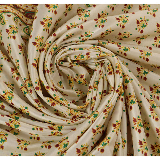 Sanskriti Vintage Art Silk Saree White Floral Printed Sari Craft 5 Yard Sustainable Fabric