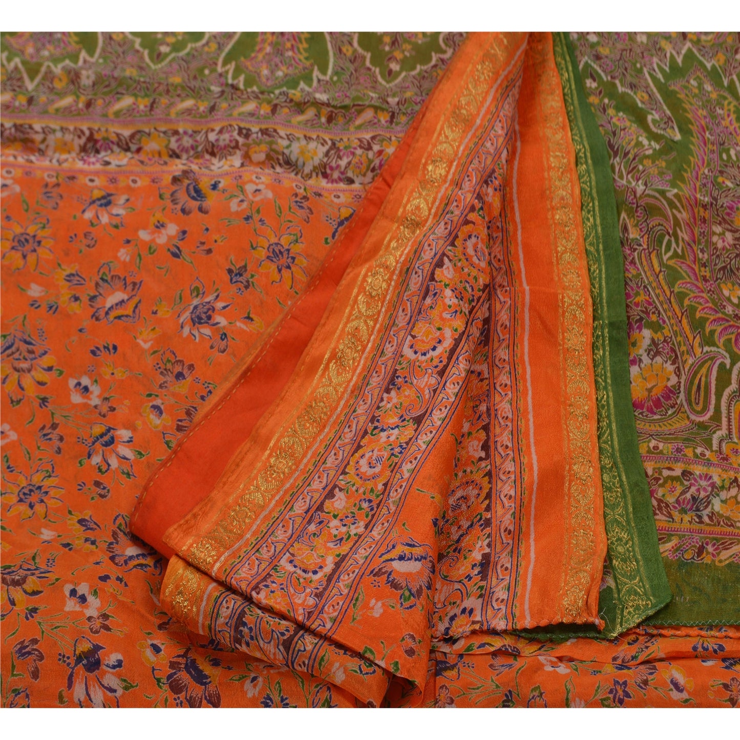 Sanskriti Vintage Printed Saree Silk Blend Craft Sustainable Fabric Orange Zari Border Cultural Sari