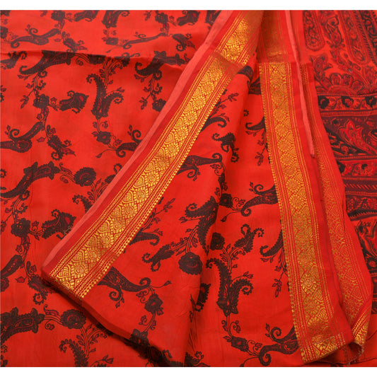 Sanskriti Vintage Printed Saree Art Silk Craft Orange Sustainable Fabric Zari Border Sari