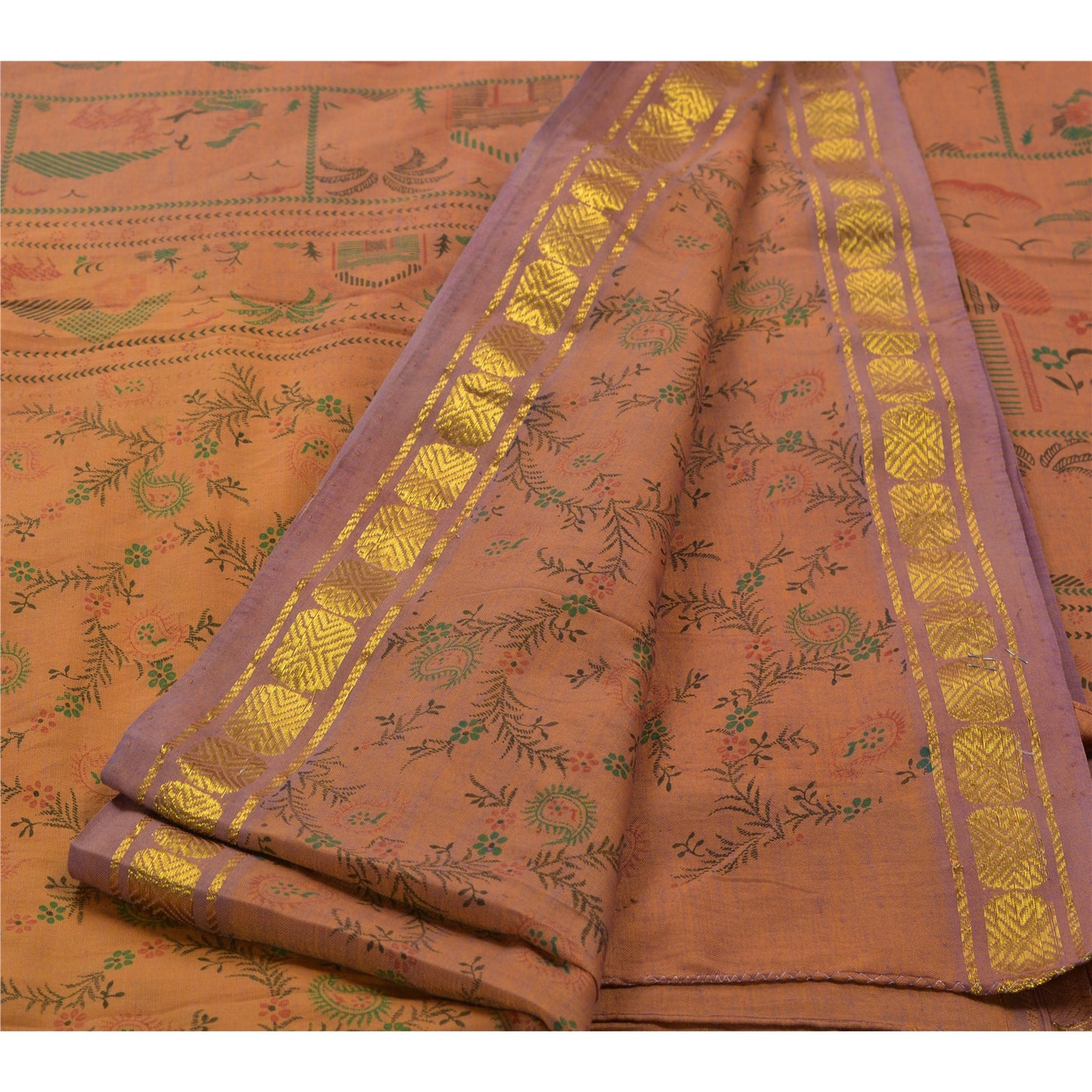 Sanskriti Vintage Printed Saree Art Silk Craft Yellow Sustainable Fabric Zari Border Ethnic Sari