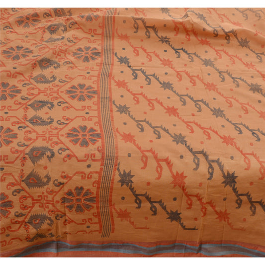 Sanskriti Vintage Cotton Saree Brown Printed Sari Craft 5 Yard Floral Sustainable Fabric