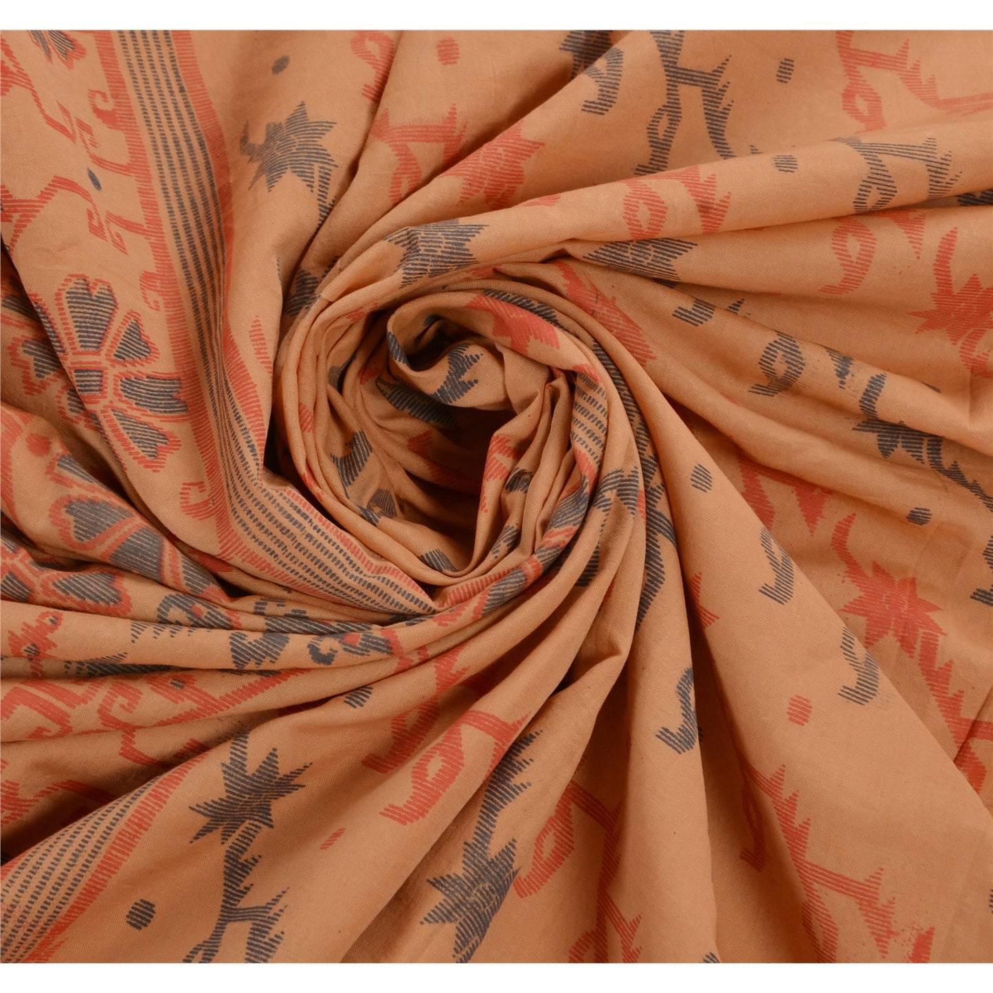 Sanskriti Vintage Cotton Saree Brown Printed Sari Craft 5 Yard Floral Sustainable Fabric