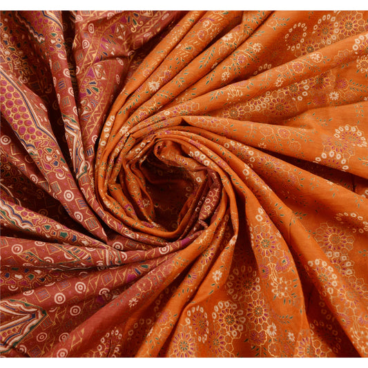Sanskriti Vintage 100% Pure Cotton Saree Orange Painted Sari Craft 5 Yard Sustainable Fabric