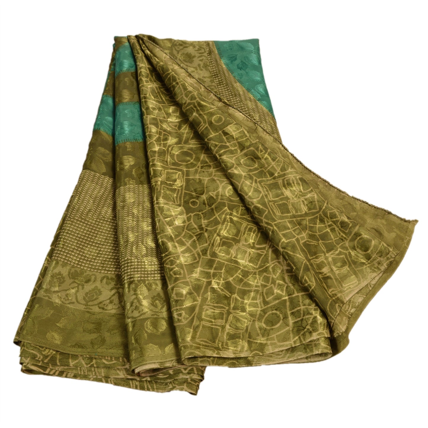 Sanskriti Vintage China Silk Saree Green Printed Sari Craft Soft Silky Sustainable Fabric