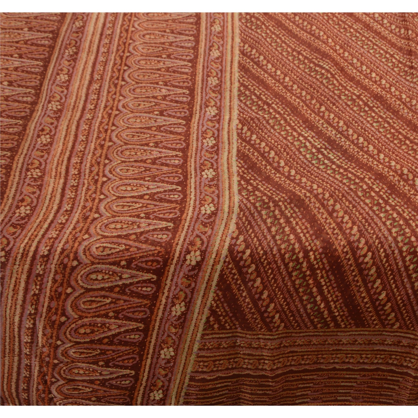 Sanskriti Vintage Art Silk Saree Brown Floral Printed Sari Craft 5 Yard Sustainable Fabric