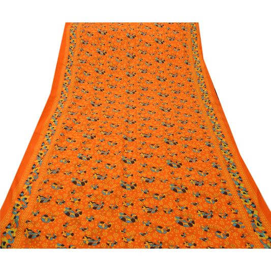 Sanskriti Vintage Art Silk Saree Orange Printed Sari Craft 5 Yard Soft Sustainable Fabric