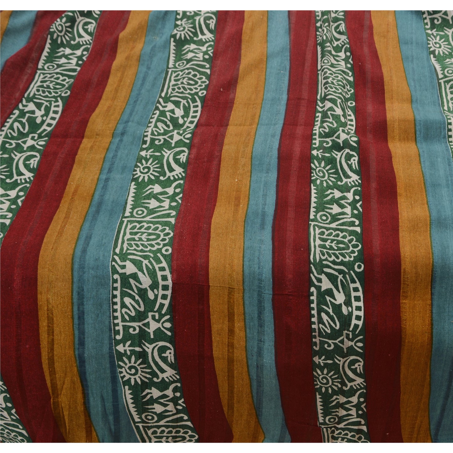 Sanskriti Vintage Printed Warli Art Ethnic Saree Pure Silk Craft Sustainable Fabric Multi Color Sari.