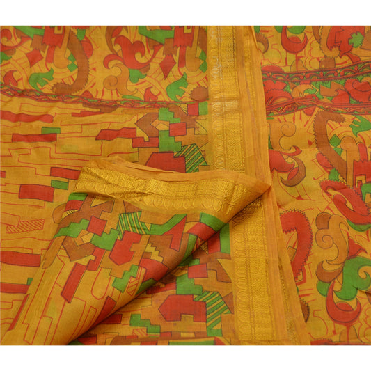 Sanskriti Vintage Antique Vintage Printed Saree Art Silk Craft Saffron Sustainable Fabric Zari Border Sari