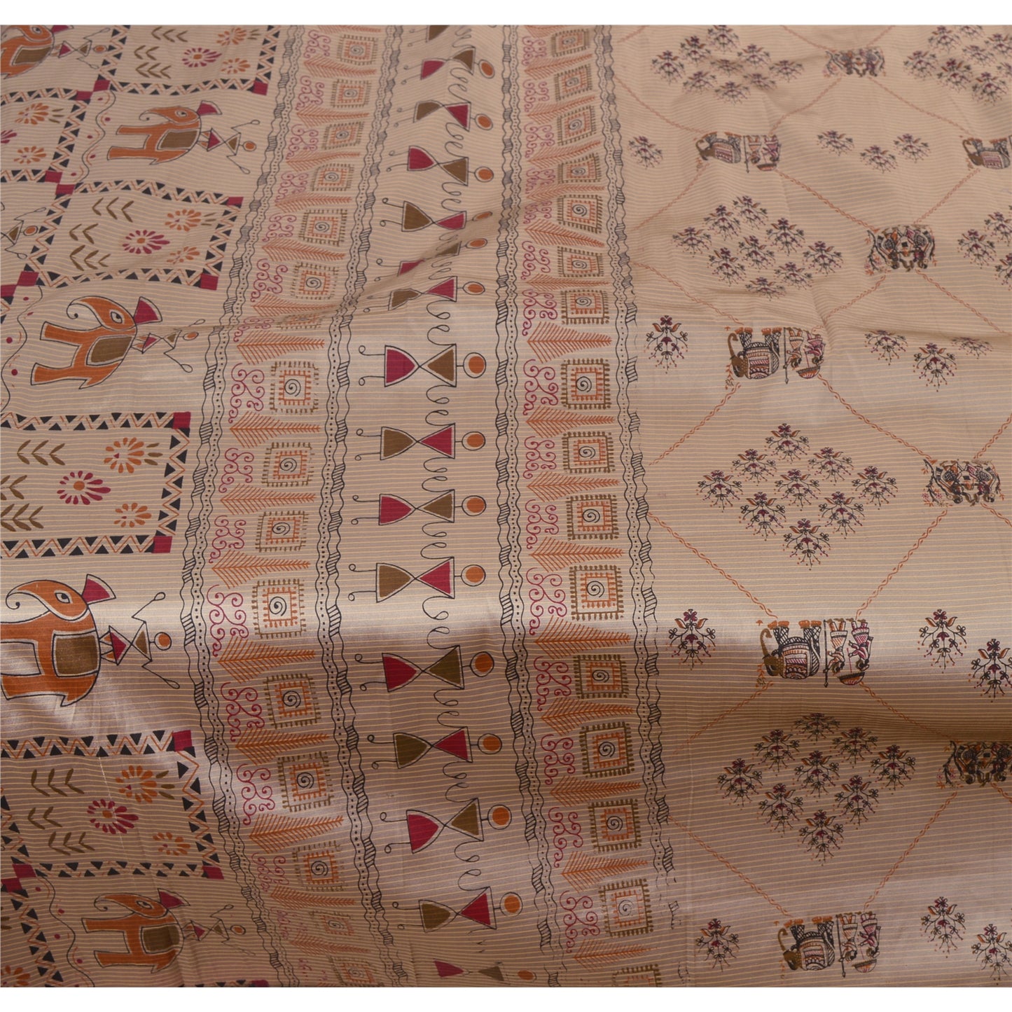Sanskriti Vintage Art Silk Warli Saree Grey Block Printed Sari Craft 5 Yd Sustainable Fabric