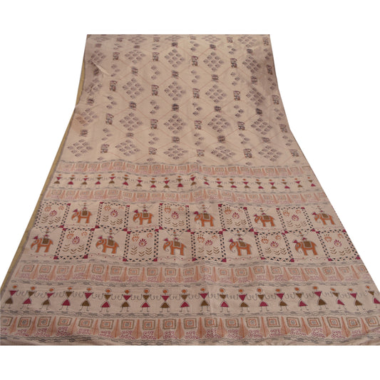 Sanskriti Vintage Art Silk Warli Saree Grey Block Printed Sari Craft 5 Yd Sustainable Fabric
