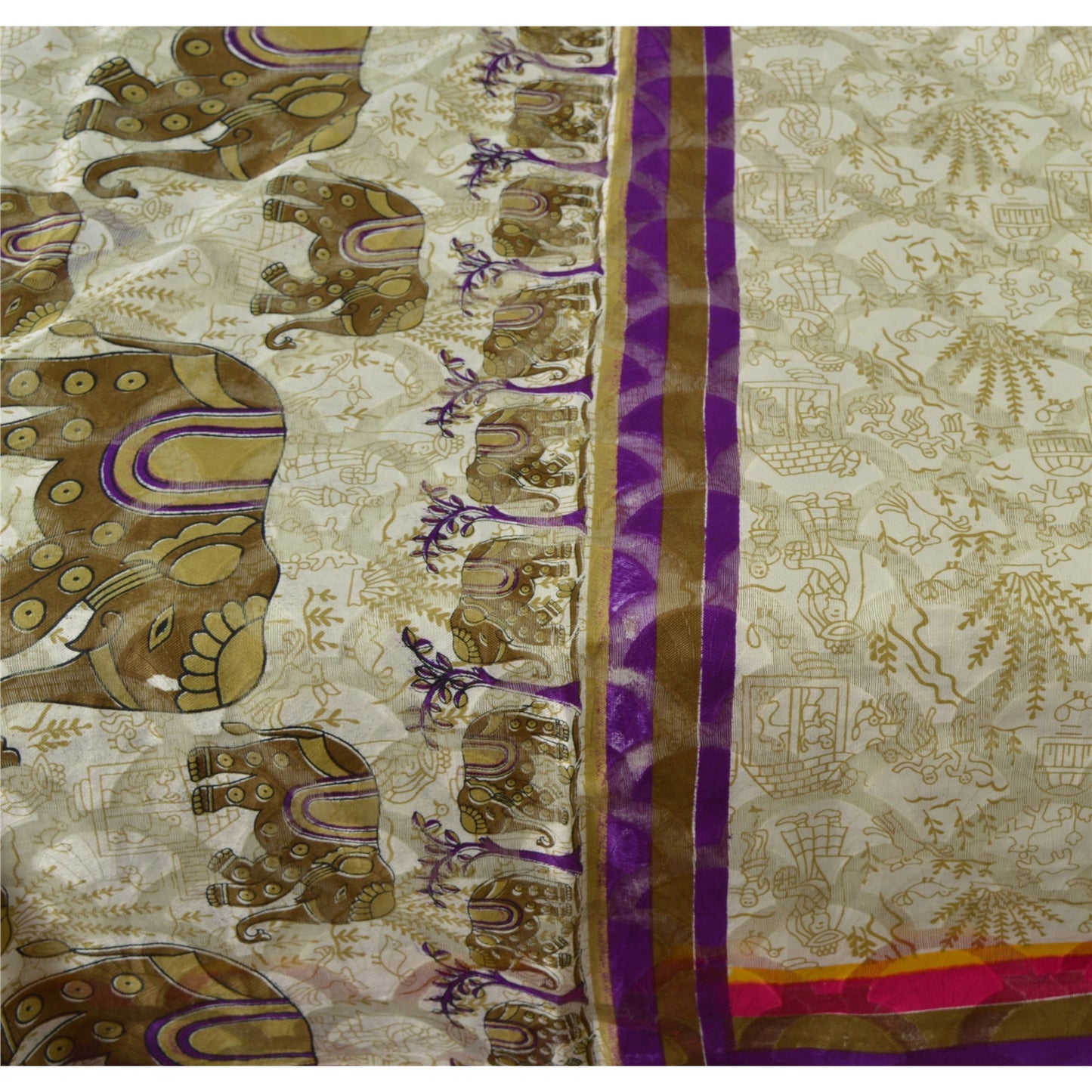 Sanskriti Vintage Indian Art Silk Cream Saree Painted Sari Craft Decor Sustainable Fabric