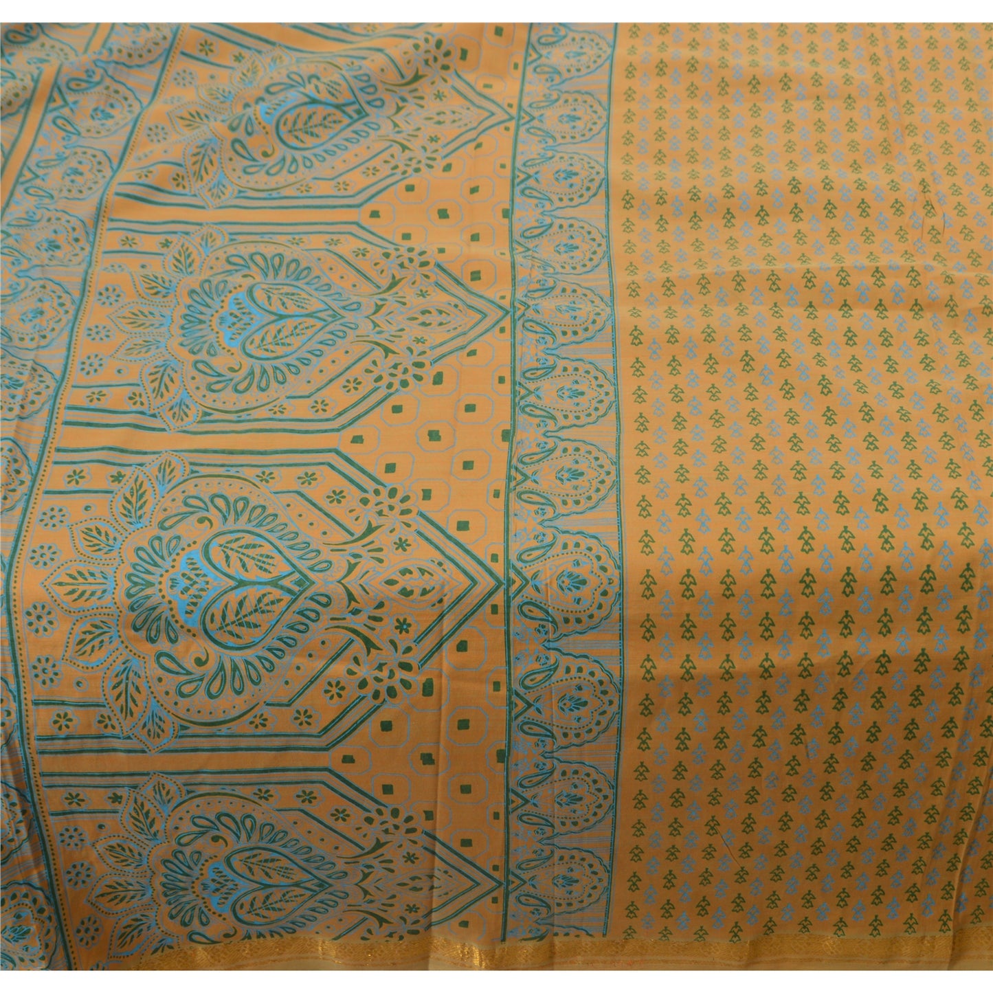 Sanskriti Vintage Saffron Saree Indian Printed Art Silk Craft Sustainable Fabric Zari Border Sari