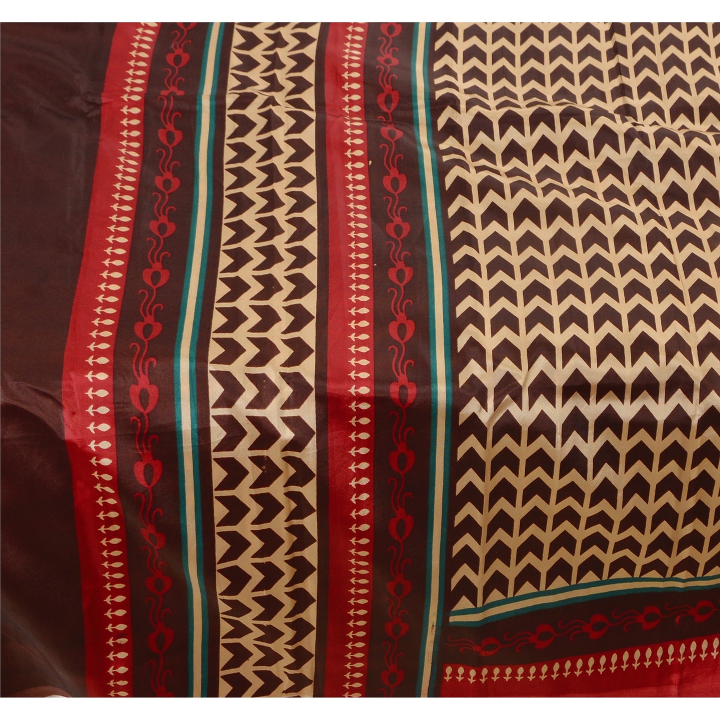 Sanskriti Vintage Brown Saree Art Silk Printed Craft Sustainable Fabric Indian Decor Sari
