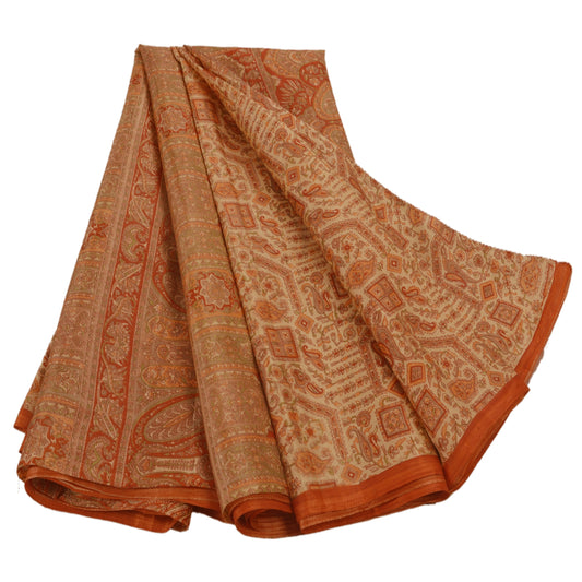 Sanskriti Vintage Cream Saree Art Silk Printed Floral Sustainable Fabric Indian Sari Craft