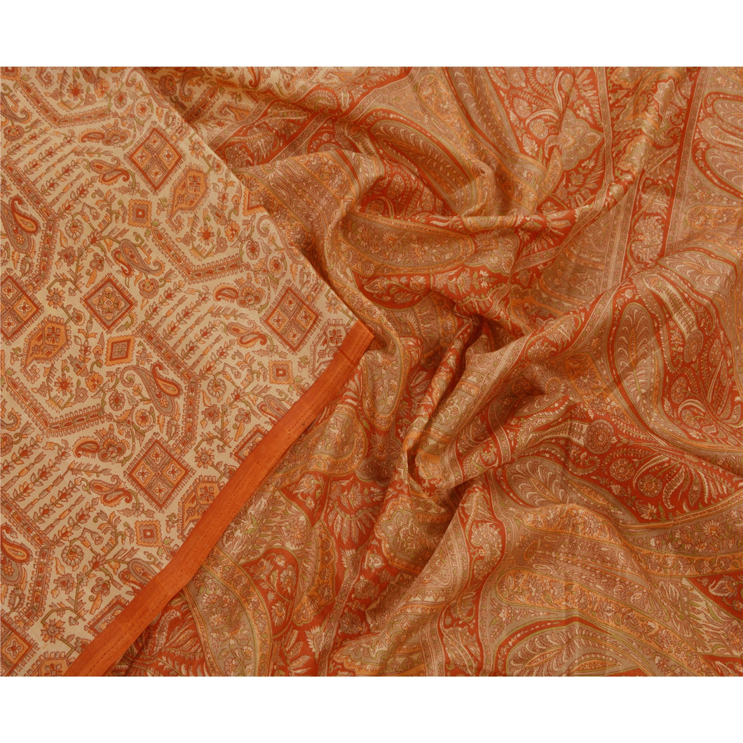 Cream Saree Art Silk Printed Floral Fabric Indian Sari Craft