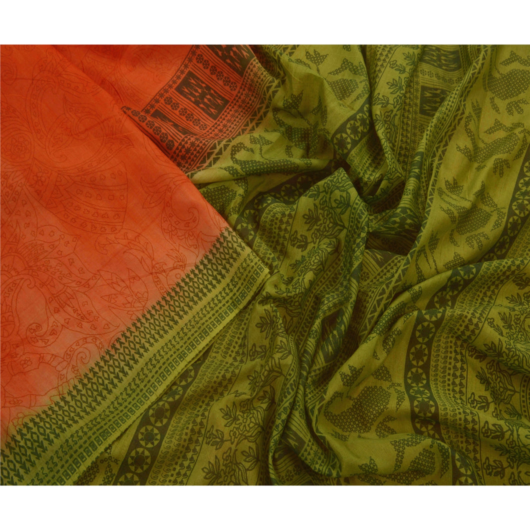 Orange Saree Cotton Printed Sari Craft 5 Yard Decor Fabric