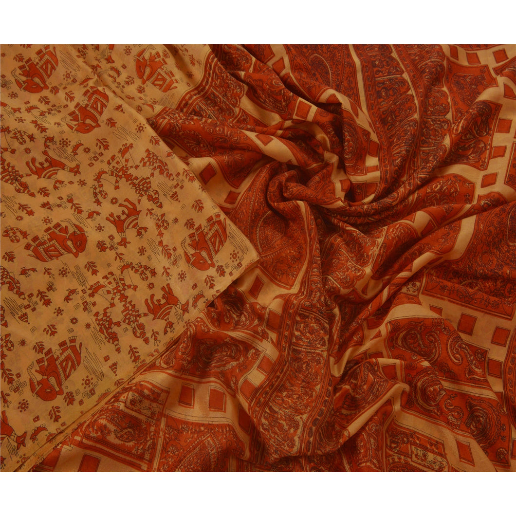 Peach Saree Art Silk Printed Craft Fabric 5 Yard Decor Sari