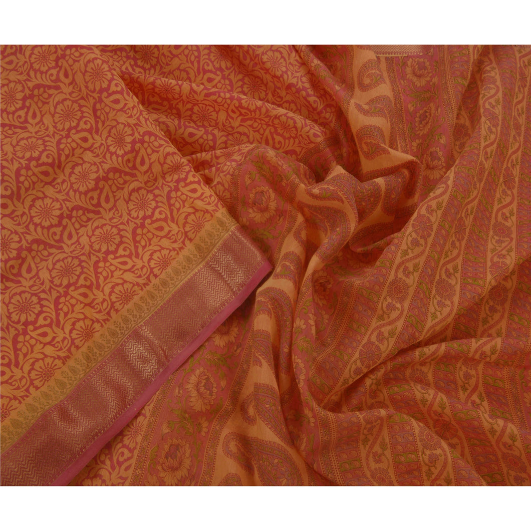 Orange Saree Cotton Craft Printed Golden Border 5 Yard Sari