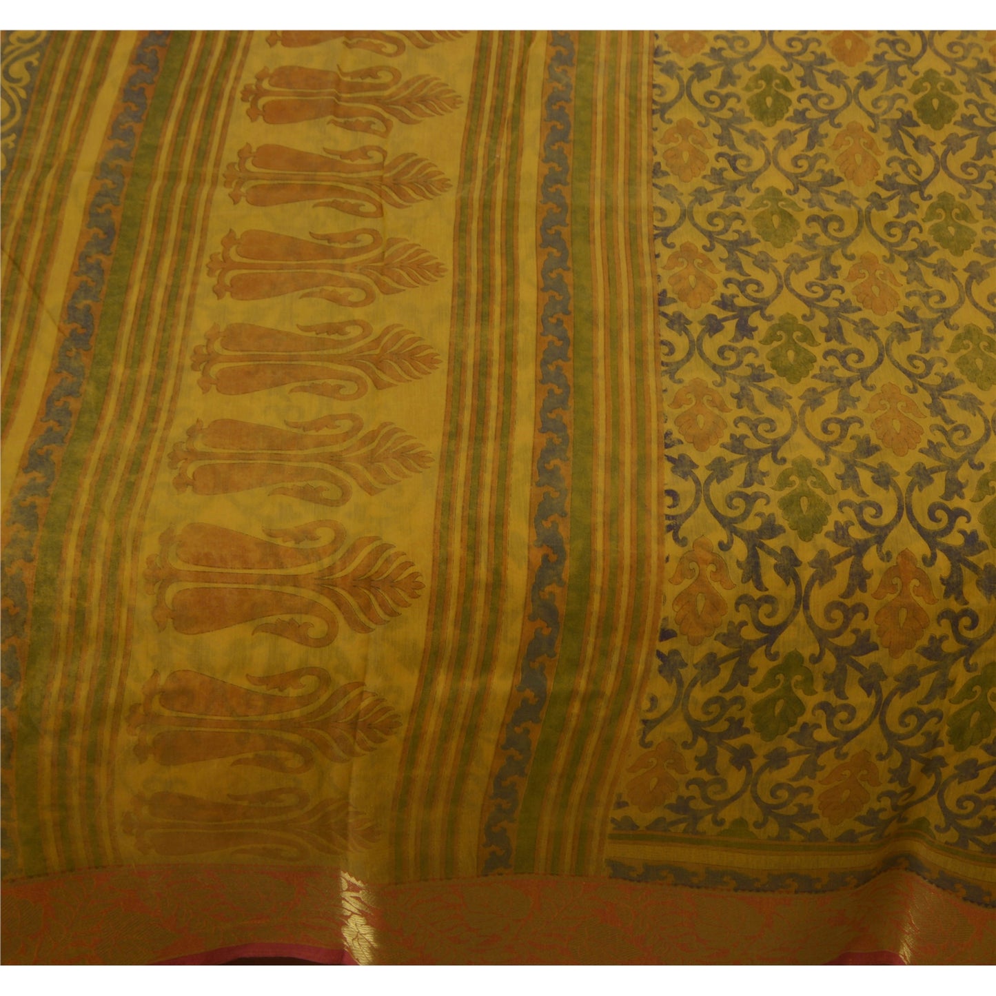 Санскрити Винтажное желтое сари из хлопка с золотым кантом и принтом 5 ярдов