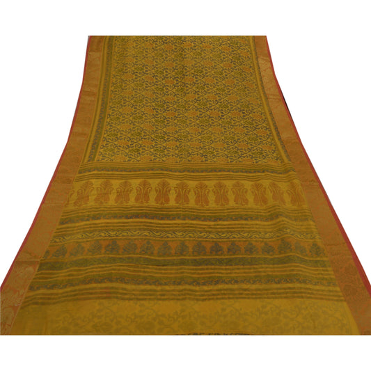 Sanskriti Vintage Yellow Saree Cotton Craft Printed Golden Border 5 Yard Sari