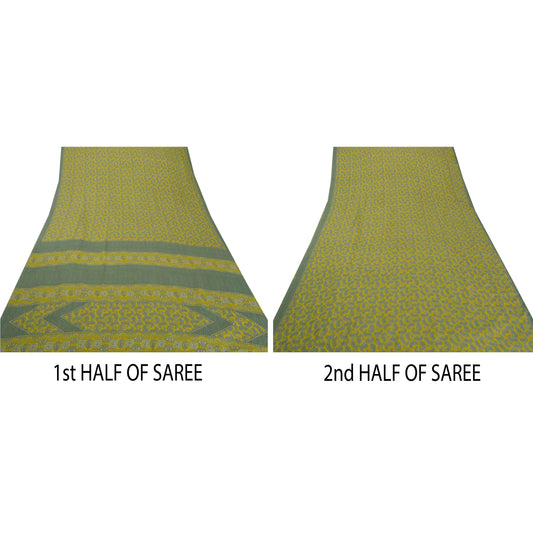 Sanskriti Vintage Yellow Saree Art Silk Printed Craft Sustainable Fabric 5 Yard Soft Sari