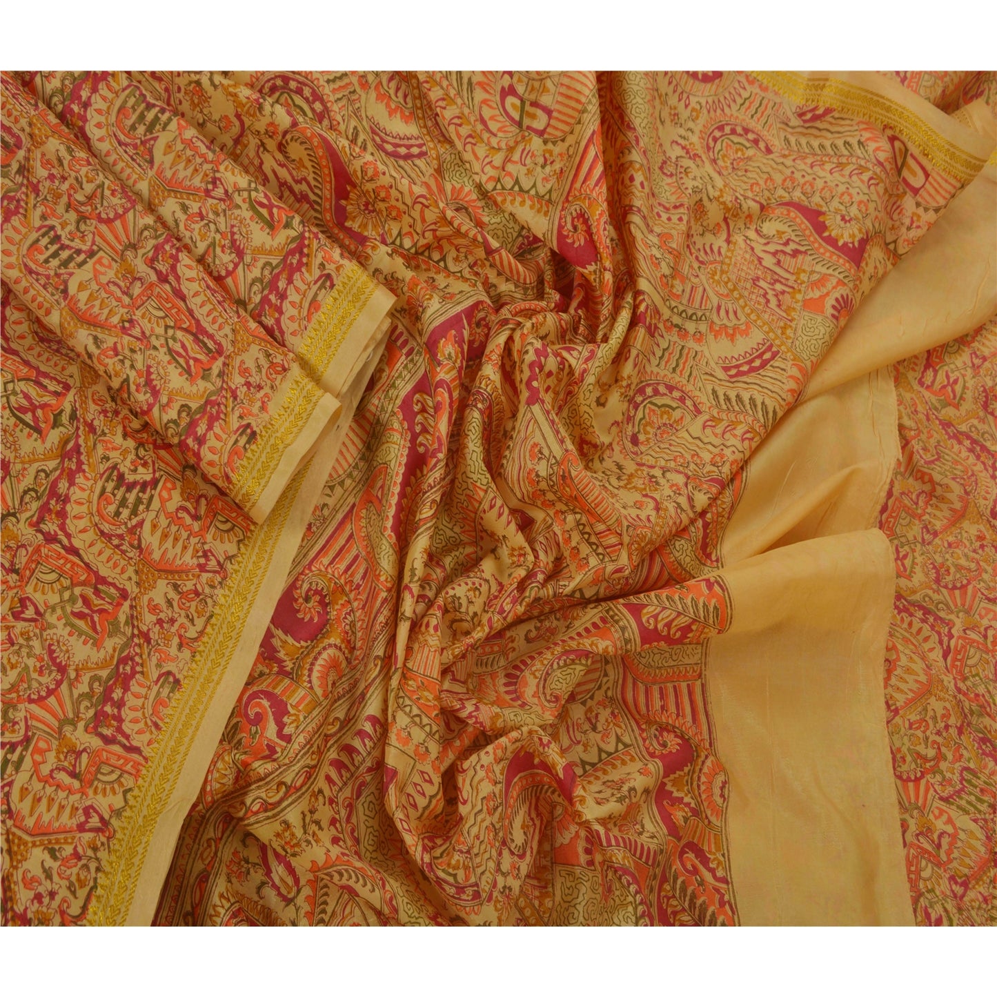 Sanskriti Vintage Cream Saree Art Silk Floral Printed Craft Sustainable Fabric 5 Yard Sari