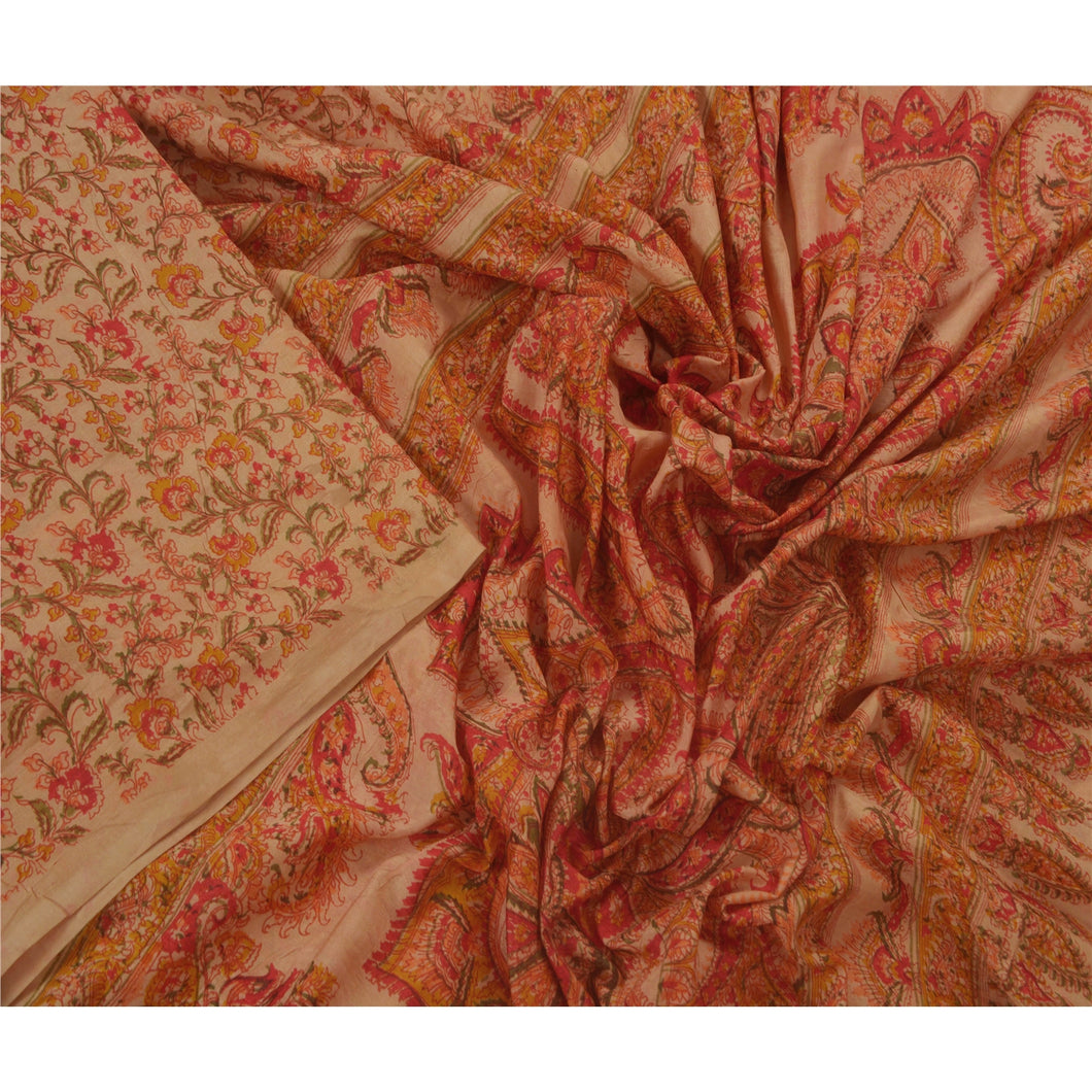 Peach Saree Art Silk Floral Printed Craft Fabric 5 Yard Sari