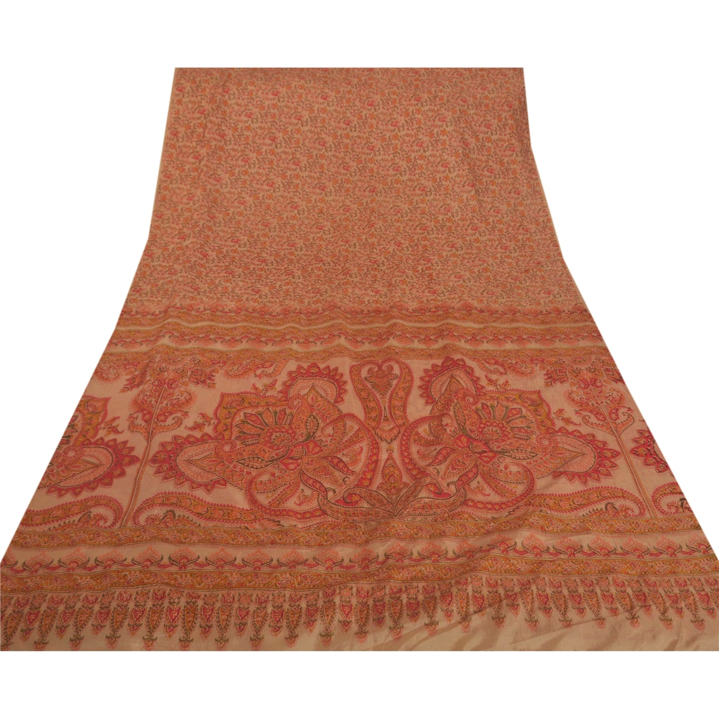Sanskriti Vintage Peach Saree Art Silk Floral Printed Craft Sustainable Fabric 5 Yard Sari
