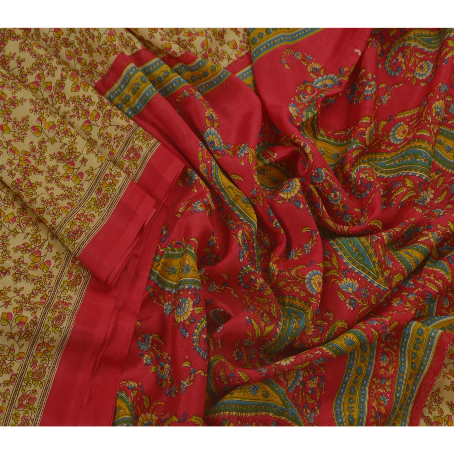 Sanskriti Vintage Cream Saree Art Silk Floral Printed Craft Sustainable Fabric 5 Yard Sari