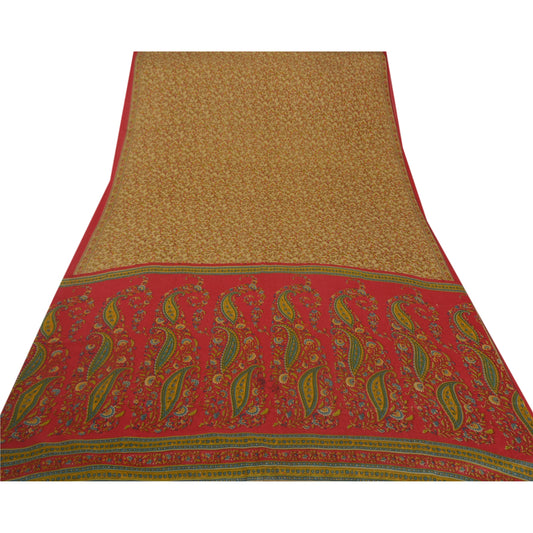 Sanskriti Vintage Cream Saree Art Silk Floral Printed Craft Sustainable Fabric 5 Yard Sari