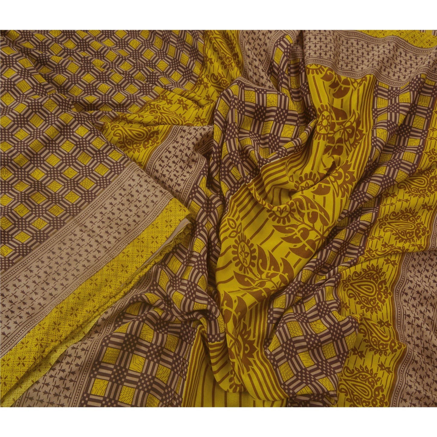 Sanskriti Vintage Yellow Saree Art Silk Floral Printed Craft Sustainable Fabric 5 Yard Sari