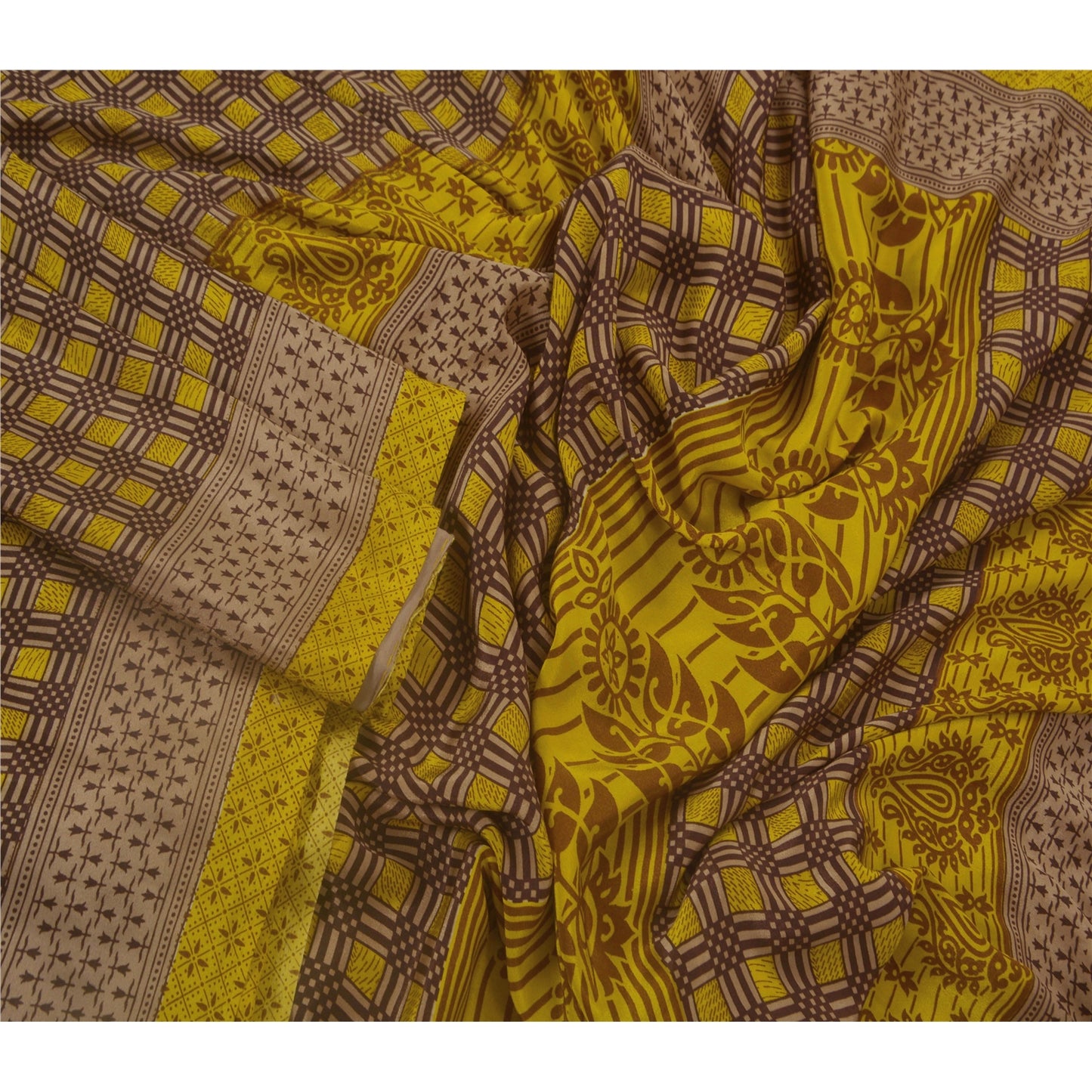 Sanskriti Vintage Yellow Saree Art Silk Floral Printed Craft Sustainable Fabric 5 Yard Sari
