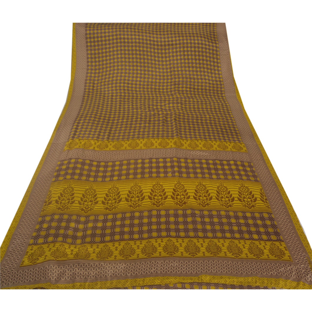Yellow Saree Art Silk Floral Printed Craft Fabric 5 Yard Sari